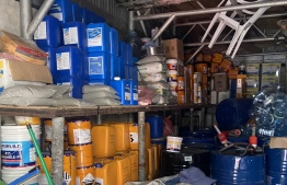 Inside the chemical warehouse discovered in Galolhu ward: The warehouse was built illegally, according to the police -- Photo: Ahmed Naeem | Twitter