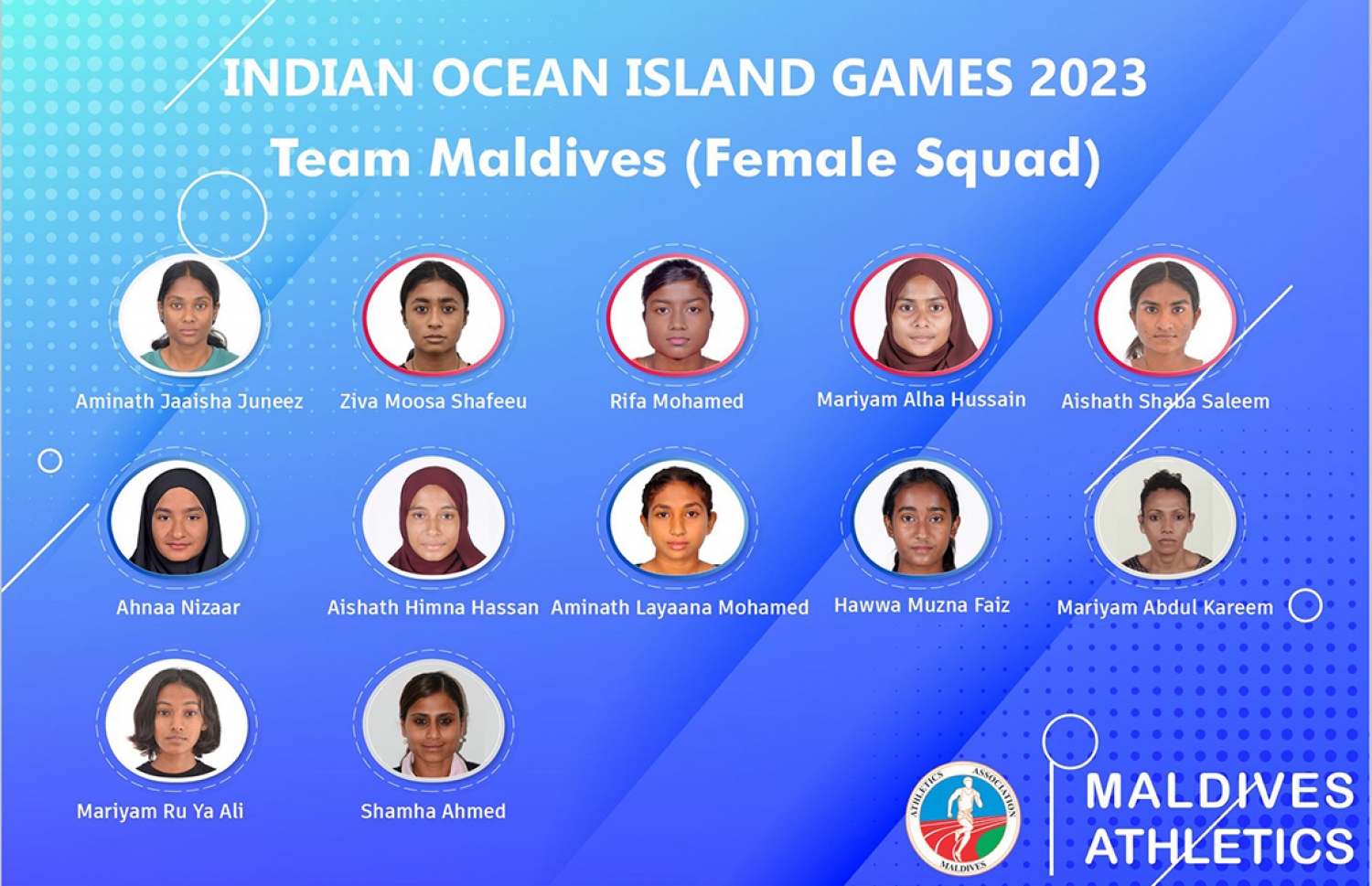 މި އަހަރުގެ އިންޑިއަން އޯޝަން އައިލެންޑް ގޭމްސް އަށް ނެގި އަންހެން އެތުލެޓިކްސް ޓީމް.--