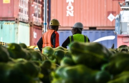 Workers unload goods from containers at Maldives Ports Limited (MPL) operated Male' Commercial Harbour-- Photo: Mihaaru