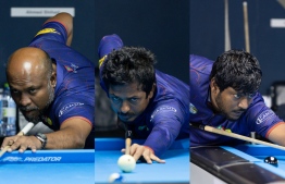 Maldivian billiard players Hussain Fayaz (R), Mohamed Shareef (C), and Ahmed Shihad (L) each secured a win during Day 01 of the Maldives Open 2023 10-Ball Championship-- Photo: Billiard Association