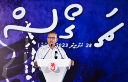 Adam Shareef speaks at the rally held by PPM in April