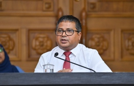 Minister of Fisheries, Marine Resources and Agriculture, Dr. Hassan Rasheed speaking at a pess conference held last night -- Photo: President's Office