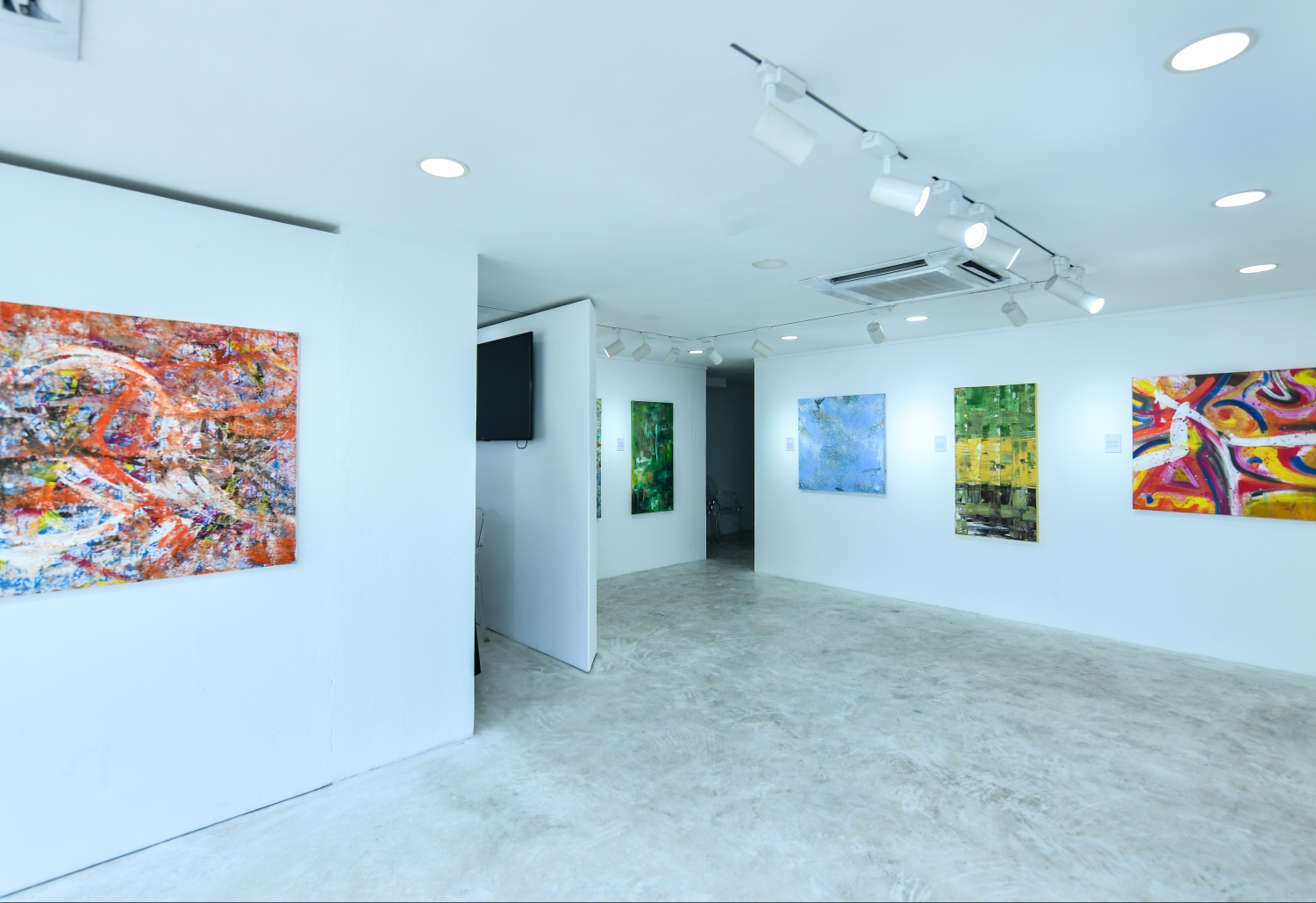 ގެލެރީގައި އެގްޒިބިޓް ކޮށްފައިވާ އެކި ޕެއިންޓިންތައް. -- ފޮޓޯ: ފަޔާޒް މޫސާ | ދޯ