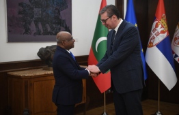 Maldives Minister of Foreign Affairs Abdulla Shahid (L) greets Serbian President Aleksandar Vucic: The Maldives government has denied the Serbian Presidents claim that Maldives has withdrawn its decision to recognise Kosovo as an independent state -- Photo: Foreign Ministry