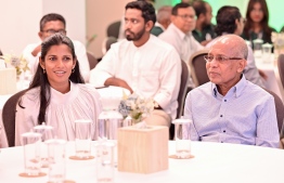 Special Envoy for Climate Change at the President's Office Sabra Noordeen (L) and Director of Crown Company Ahmed Nazeer (R) attending the seminar "Working Towards a Carbon-Neutral Maldives with Bamboo" -- Photo: Nishan Ali / The Edition
