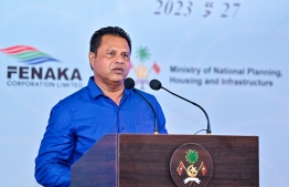 (FILE) FENAKA's Managing Director Ahmed Saeed Mohamed, speaking at an event held in Faafu atoll Magadhoo on May 28, 2023: FENAKA Corporation said they have paused the import of parts needed for renewal oil storage tankers as per ACC's  orders -- Photo: President's Office