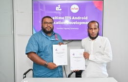Signing ceremony between Javaabu; the local tech startup and the Blind and Visually Impaired Society of Maldives (BVISM) to develop a text-to-speech application for Dhivehi language-- Photo: Nishan Ali | Mihaaru