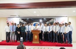 (FILE) Members of MDP's parliamentary group at a press conference on June 12, 2023: MDP called Supreme Court's verdict one that upholds the sovereignty of the Maldivian constitution -- Photo: Parliament