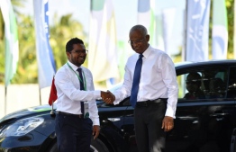 President Ibrahim Mohamed Solih and President Office's Policy Secretary Ahmed Hamdhaan at the Viyavathi Conference held in Laamu atoll Gan -- Photo: President's Office