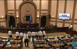 Opposition MP's protesting in front of the parliament speaker on Wednesday, June 14, 2023 -- Parliament