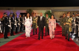 Defense minister Mariya Ahmed Didi (L), President Ibrahim Solih (C) and First Lady Fazna Ahmed (R)