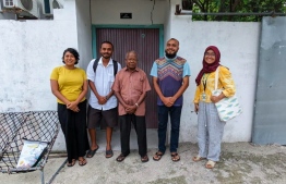 ORP team meets former island chief of Gaadhoo Ali Moosa: (L-R) ORP Maldives Project Manager Isha, Turtle Ranger Inaan, island chief Ali Moosa, former Gadhoo Council President Abdul Azeez and EPA Environmental Analyst Enaas -- Photo: ORP