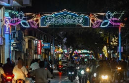 Lights set up in Majeedhee Magu wishing Eid Mubarak ahead of Eid Al Adha, on June 27, 2023 -- Photo: Nishan Ali / Mihaaru