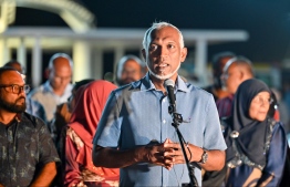 Male' City's Mayor Dr. Mohamed Muizzu speaking at the ceremony to light up Male' for the occasion of Eid Al Adha -- Photo: Nishan Ali / Mihaaru