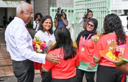 Presidential couple welcomes the Maldivian Special Olympics team athletes on Sunday, July 02-- Photo: Nishan Ali | Mihaaru