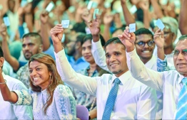 The Democrats' presidential candidate Ilyas Labeeb and additional members of the party -- Photo: Mihaaru News