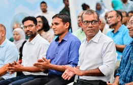 Former President and current Speaker of Parliament Mohamed Nasheed (R) and The Democrats presidential candidate Ilyas Labeeb at an earlier meeting of The Democrats. -- Photo: Nishan Ali