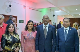 Presidential couple greets Founder of Coco Collection, Shabeer Ahmed at the Independence Day reception -- Photo: President's Office