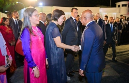Foreign Minister Abdualla Shahid greets Ambassador of the People's Republic of China to Maldives Wang Lixin at the Independence Day reception -- Photo: President's Office