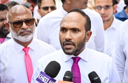 Yameen's running mate Dr. Mohamed Jameel speaks with local media after submitting the former president's candidacy form to EC-- Photo: Nishan Ali