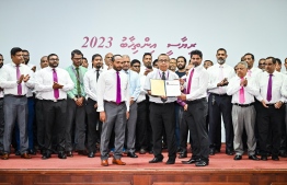 PPM hands over its presidential candidate Abdulla Yameen's candidacy form to EC President Fuad Thaufeeq-- Photo: Nishan Ali