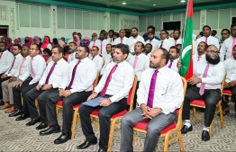 Yameen's running mate Dr. Mohamed Jameel Ahmed with PPM Senate members at Dharubaaruge to submit Yameen's candidacy form-- Photo: Nishan Ali | Mihaaru