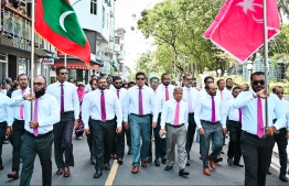 PPM Senate members on their way to Dharubaaruge to submit Yameen's candidacy form-- Photo: Nishan Ali
