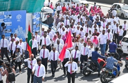 Members of the PPM Senate on their way to Dharubaaruge where EC's primary elections center is located, to submit Yameen's candidacy form-- Photo: Fayaz Moosa