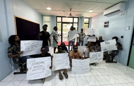 The Fuvahmulah Diving Association and members of their Diving School protesting outside the city council -- Photo Fuvahmulah Diving Association
