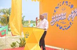 President Ibrahim Mohamed Solih speaking at Haa Alifu atoll Filladhoo, during his campaign tour: he said he can make a decision regarding a running mate after discussing it further with other parties of the coalition -- Photo: MDP