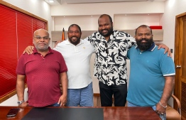 JP leader Qasim Ibrahim (C) with former Minister of Tourism Ali Waheed and the two local businessmen who were appointed as Qasim's Special Advisors-- Photo: Nihan | Twitter