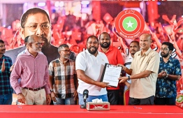 Former Minister at the President’s Office Mohamed Shihab and Former Deputy Speaker of Parliament Ahmed Nazim signed to join the Jumhooree Party --Photo: Nishan Ali