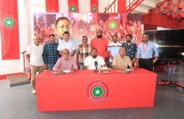 Nazim and Shihab with Qasim at the meeting where they signed to join the Jumhooree Party --Photo: Jumhooree Party