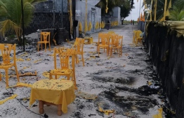 The campaign venue in Gaafu Dhaalu atoll Madaveli set ablaze on Monday evening--