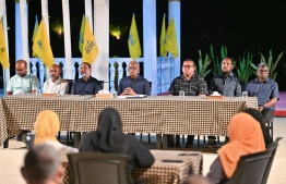 President Ibrahim Mohamed Solih (Center Left) with his running mate Mohamed Aslam (Center Right) at the campaign meeting held in Gaafu Alifu atoll Gemanafushi-- Photo: Fayaz Moosa | Mihaaru