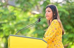 Rozaina Adam speaks at a MDP campaign rally: She has been defeated in the primary and failed to secure the MDP ticket to contest the upcoming parliamentary elections