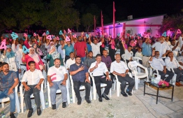 PPM/PNC candidate Dr. Mohamed Muizzu with his running mate and Faresmaathoda MP Hussain Mohamed Latheef with the coalition's leadership and supporters from Addu City-- Photo: Nishan Ali | Mihaaru