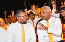 Chairperson of MDP Fayyaz Ismail with President Ibrahim Mohamed Solih at a campaign event.