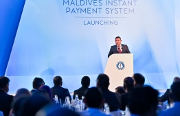 Vice President Faisal Naseem speaks at the ceremony held in Crossroads Maldives to launch 'Favara', the online instant payment system for intra-bank and inter-bank transactions developed by the Maldives Monetary Authority (MMA)-- Photo: Fayaz Moosa | Mihaaru