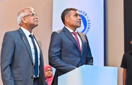 Vice President Faisal Naseem with MMA Governor Ali Hashim, officially inaugurates the Maldives Instant Payment system developed by the central bank to enhance inter-bank and intra-bank fund transfers-- Photo: Fayaz Moosa | Mihaaru