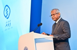 Governor Ali Hashim speaks at the ceremony held to launch 'Favara' instant payment system-- Photo: Fayaz Moosa | Mihaaru