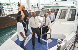 The Minister aboard one of the launches that will be used in the Maldives Health Line -- Photo: Nishan Ali