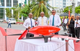 The Minister inspecting the drone to be used by the Maldives Health Line -- Photo: Nishan Ali