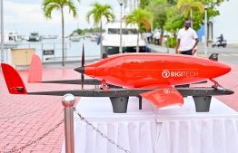 Drone to be used in the transport of medicine, pictured at a display of the equipment held by the former goverrnment.-- Photo: Nishan Ali / Mihaaru