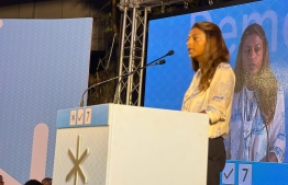 Deputy Speaker of Majlis Eva Abdulla speaks at the final rally for Ilyas Labeeb, the presidential candidate of The Democrats -- Photo: Sim