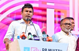 VP Elect and MP for Fares Maathoda constituency Hussain Mohamed Latheef (Sembe) speaking at a campaign event.