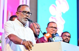 Interim leader of the PPM/PNC coalition Abdul Raheem Abdulla (Adhuray) speaking at the rally held by the coalition to celebrate their victory in Saturday's election. -- Photo: Fayaz Moosa