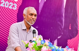 Dr. Mohamed Muizzu speaking in Haa Alifu atoll Maarandhoo on September 16, 2023. -- Photo: Nishan Ali / Mihaaru