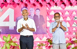 PPM/PNC coalition's presidential candidate Dr. Mohamed Muizzu (L) and the interim leader of the coalition's activities Abdul Raheem Abdulla (R) during the campaign rally held on Sunday evening-- Photo: Nishan Ali | Mihaaru