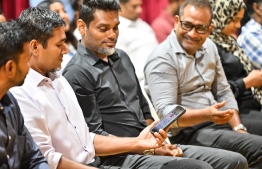 (FILE) Hussain Amru (MD) during The Democrats during a party meeting on September 18, 2023: he said he will apply to run for the election once the position is open -- Photo: Nishan Ali / Mihaaru